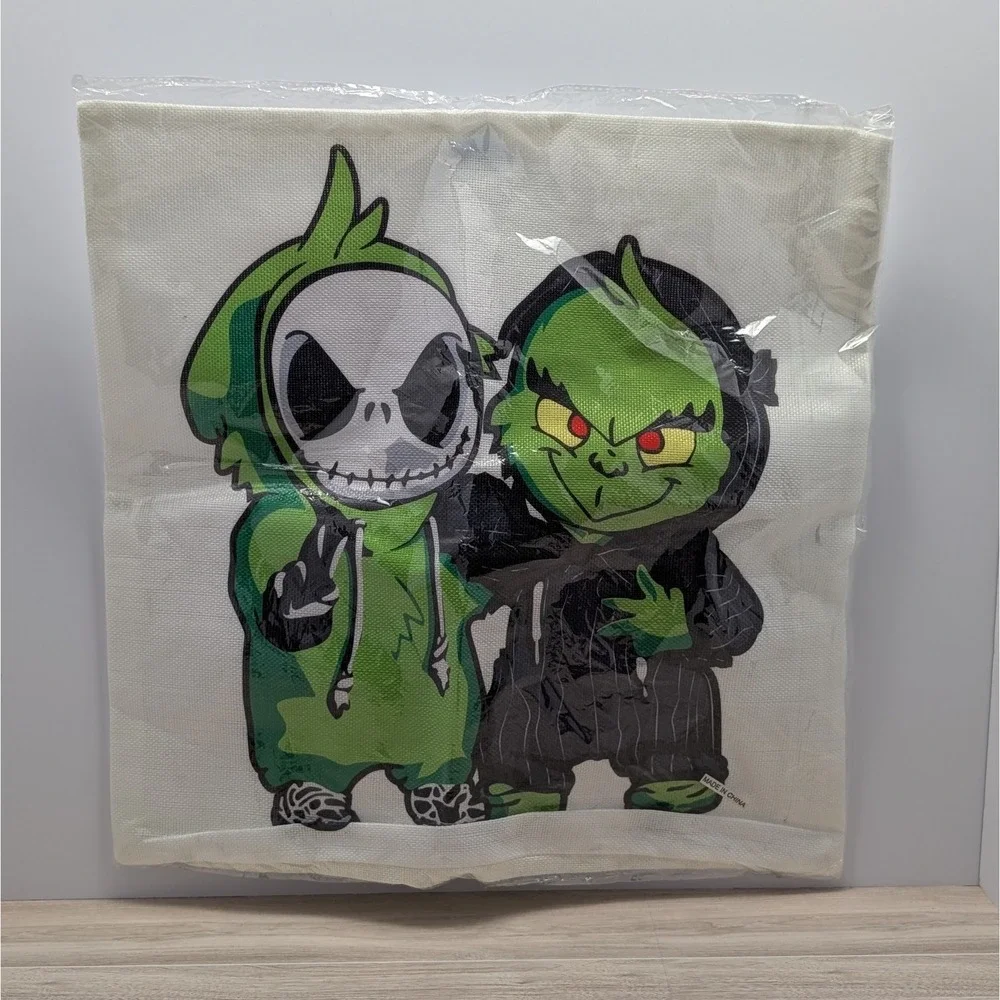 Vintage Grinch & Jack Skellington 17x17 Throw Pillow Cover Halloween Decor